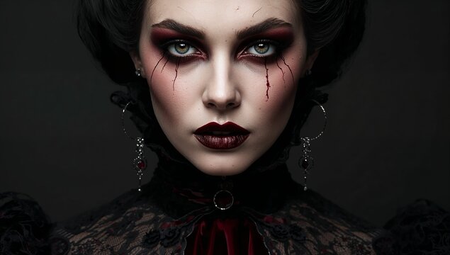 Gothic vampire woman portrait with dark red makeup crying blood streaks for halloween makeup design