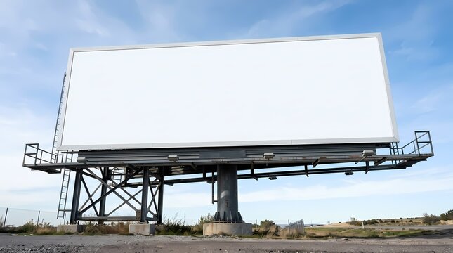 Blank billboard photo viewed from below against blue sky with copy space for advertising