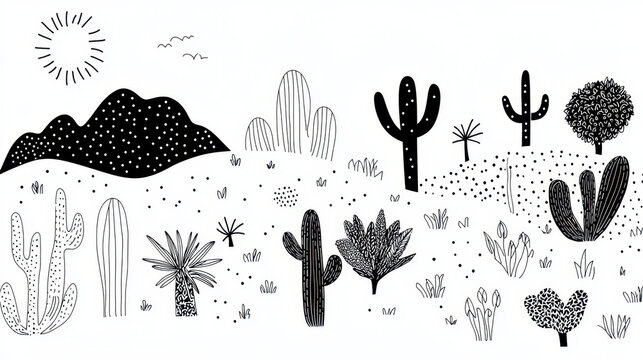 Simple black and white illustration of desert landscape featuring various cacti, shrubs, and mountains under sun