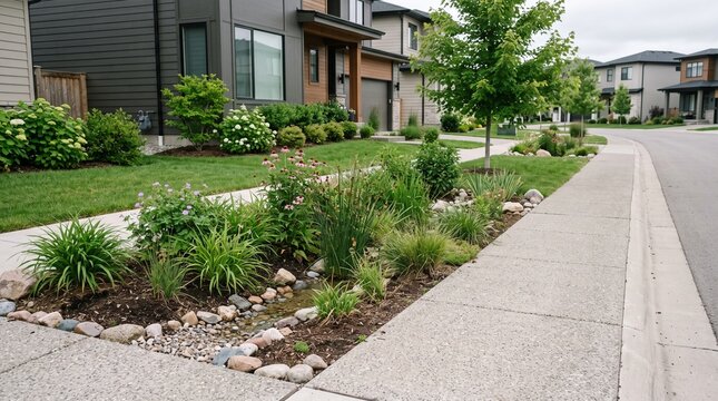 Natural residential rain garden illustrating stormwater infiltration, sustainable landscaping, and climate adaptation for urban planning, environmental projects, and ESG communication.