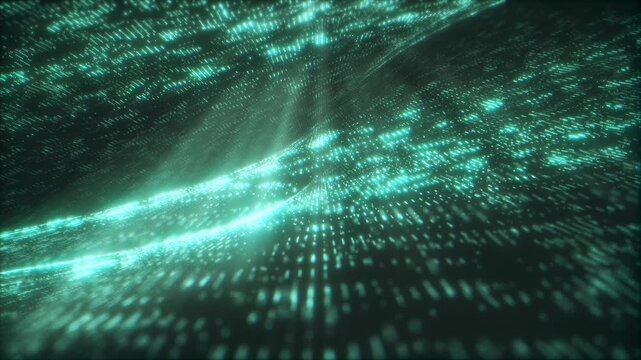 Flowing landscape of binary cyber particles under bright light beams. Represents network connectivity, artificial intelligence, and virtual reality concepts.