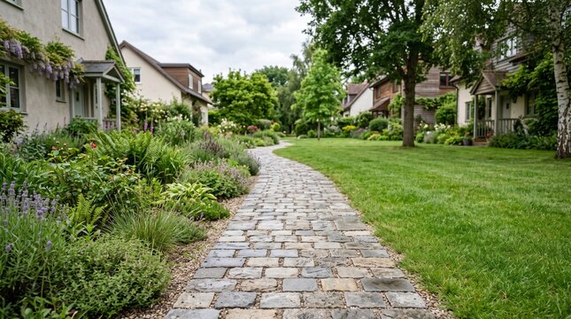 Permeable residential walkway with natural landscaping illustrating stormwater management and low impact development for sustainable community planning and environmental communication.
