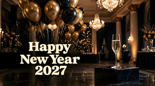Happy new year 2027 with gold and black balloons in a ballroom