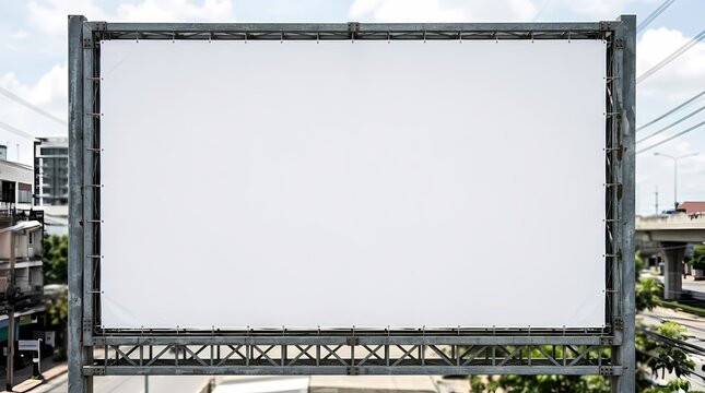 Blank billboard photo with metal frame and white banner for advertising, copy space