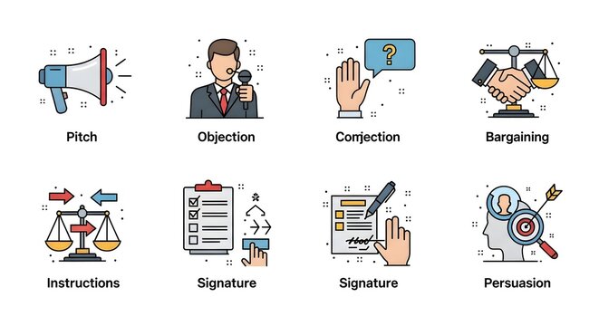 Business icons set illustrating communication and negotiation concepts on white background