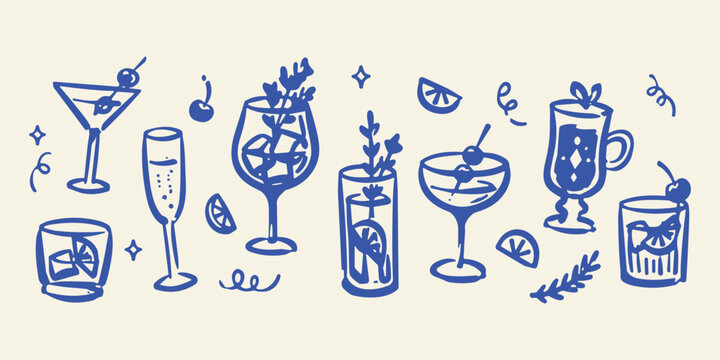 Hand-drawn cocktail vector set, blue ink sketch of alcoholic drinks and glassware, rustic bar menu illustrations with martini and champagne