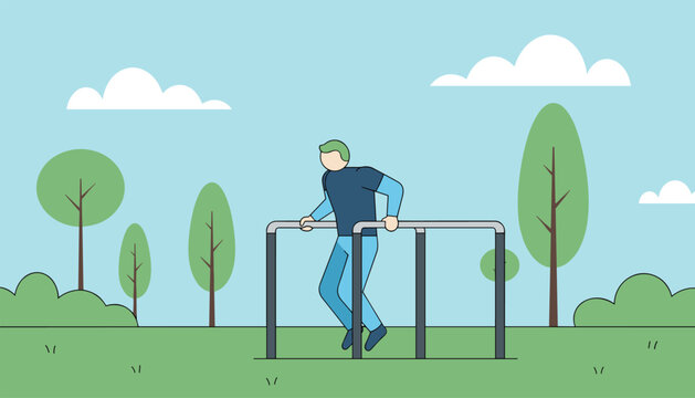 Athletic man performing dips on parallel bars in green city park, practicing calisthenics, fitness, and strength training.