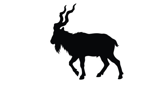 Markhor silhouette stands steadily on a flat surface displaying its large spiraling twisted horns.