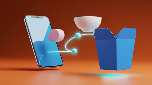 3d food delivery app concept with smartphone and takeout boxes