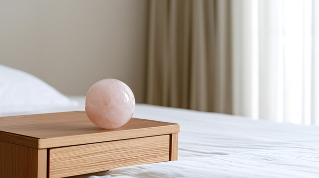 A polished sphere of rose quartz crystal stone rest upon a wooden bedside table inside a bright minimalist bedroom interior space setup