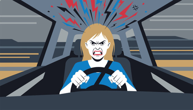Furious woman driving a vehicle with intense lightning bolts of anger and stress radiating from her head in a road rage concept.