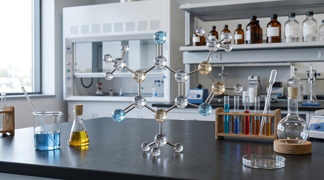 Molecular Structure Model Displayed on a Laboratory Workbench for Scientific Research and Chemical Education Experiments