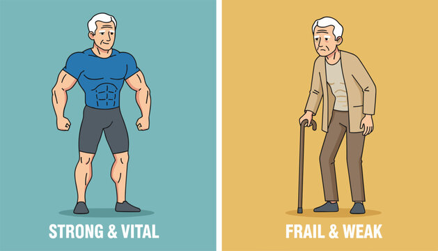 Interesting side-by-side comparison of a strong active senior man versus a frail weak elderly man with a walking cane.