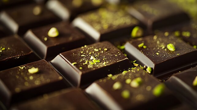 Dark chocolate squares, sprinkled with vibrant green pistachios, showcase luxury, indulgence, and a delectable sweet treat
