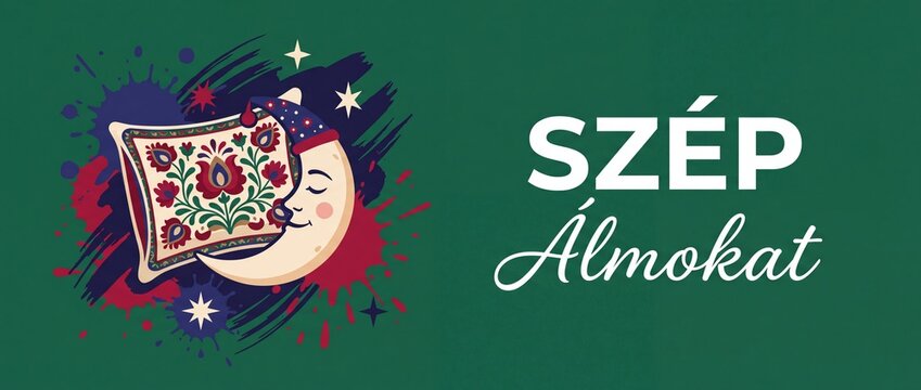 Hungarian folk art sleeping moon with floral pillow and Szep Almokat sweet dreams text banner vector background for bedtime story, night theme, traditional culture, cozy sleep, and nursery room decor.