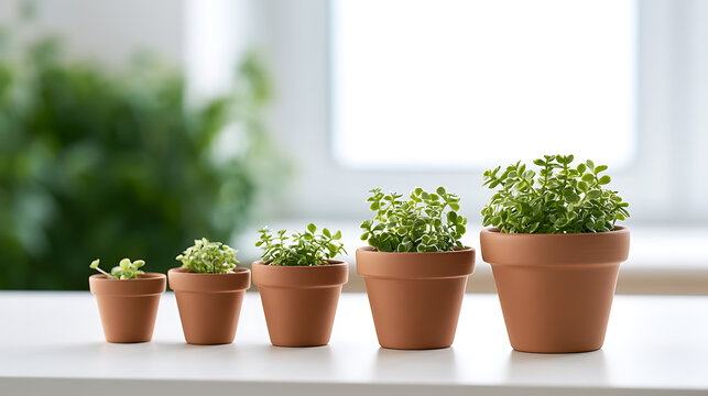 Five small succulent plants, known scientifically as Crassula ovata, arranged in ascending size order inside simple terracotta pots on a table