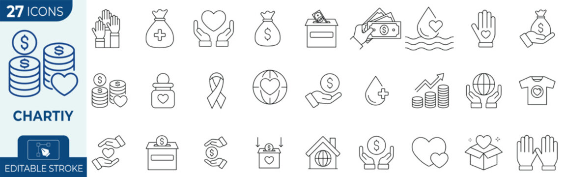Charity and donation line icon set. Includes symbols for money bag, donation box, helping hands, and love heart. Linear vector icons for non-profit organizations and community support.