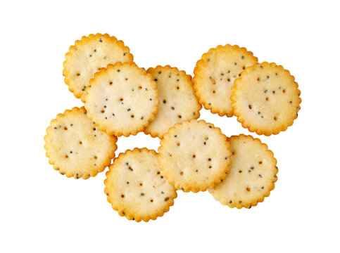 Round savory crackers with poppy seeds on transparent background