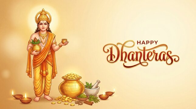 Lord dhanvantari illustration for happy dhanteras festival greeting with golden background and diya lamps