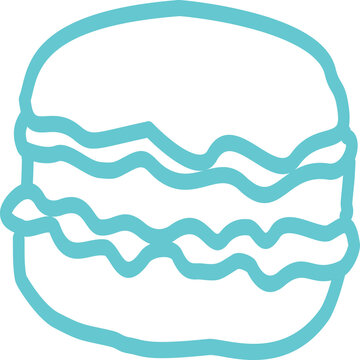 Minimal hand-drawn macaron line art with a smooth rounded cookie shell and wavy cream filling, rendered in bright turquoise blue. Isolated transparent PNG illustration for bakery logos, dessert menus,