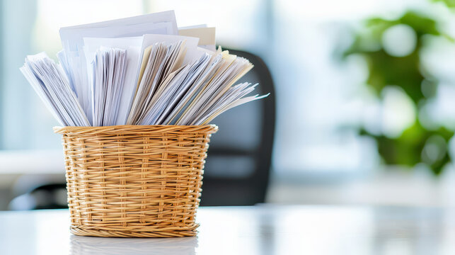 Wicker basket filled with documents, papers, and files in office setting, conveying organization and productivity