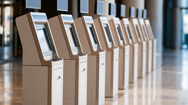 Row of modern digital self service kiosk terminals with touch screen displays in public indoor hall area for ticket purchase and banking use
