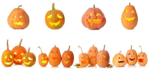 Fototapeta na wymiar Halloween celebration and autumn holidays, collection of carved jack-o'-lantern pumpkins with glowing faces isolated on a clean white background