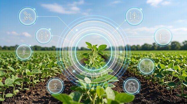 Young soybean plant growing in fertile agricultural field with digital smart farming icons and holographic data interface for precision agriculture and crop monitoring analytics