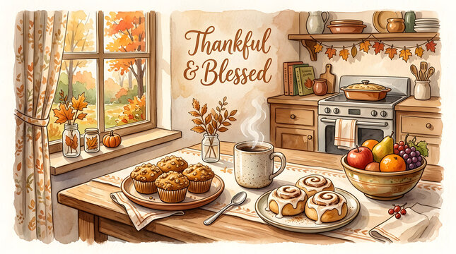 Fresh muffins and coffee in a cozy autumn kitchen