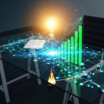 Modern glass office desk featuring a holographic data network, glowing light bulb, and rising financial bar charts symbolizing new growth, profit, startup, finance