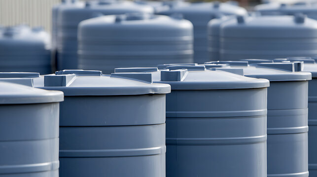 Rows of large industrial blue plastic water storage tanks stacked outside in a manufacturing facility yard ready for distribution and sale