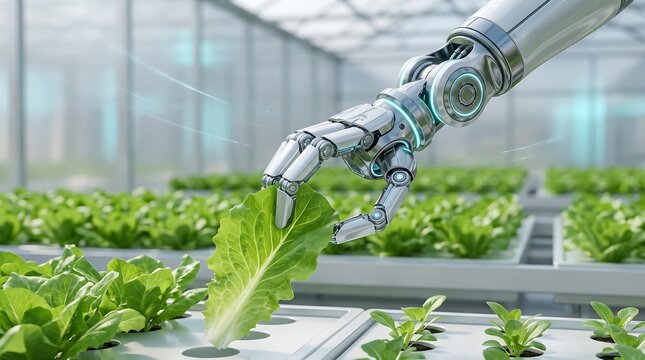 Industrial robotic manipulator hand picking fresh green lettuce leaf inside automated greenhouse for advanced agricultural harvesting and smart farming technology applications