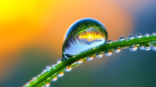 Ultra-close macro shot of a single crystal dewdrop on a green grass blade, vividly reflecting a golden hour sunset, capturing miniature natural beauty