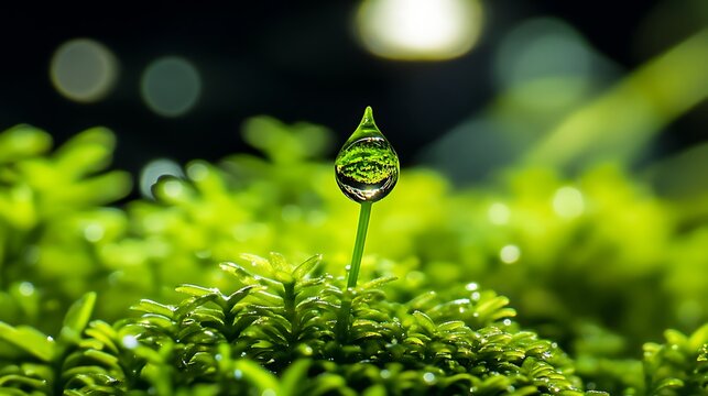 Ultra close up macro photography of a single perfect water droplet balancing on a tiny green sprout amidst lush moss with beautiful bokeh background