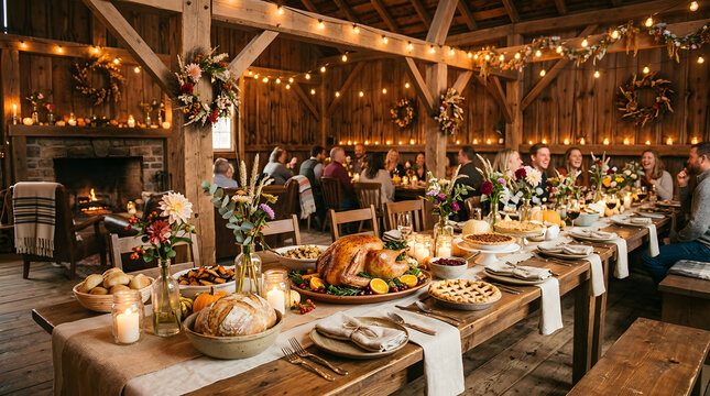 People eating dinner at a long table in a rustic barn