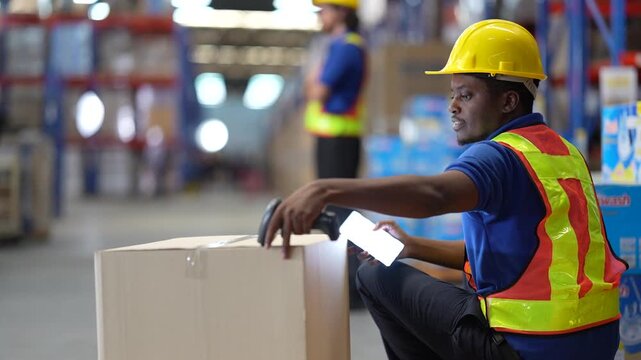 A warehouse worker in a yellow hard hat kneels beside a cardboard box, scanning its barcode with a handheld scanner and reading a smartphone