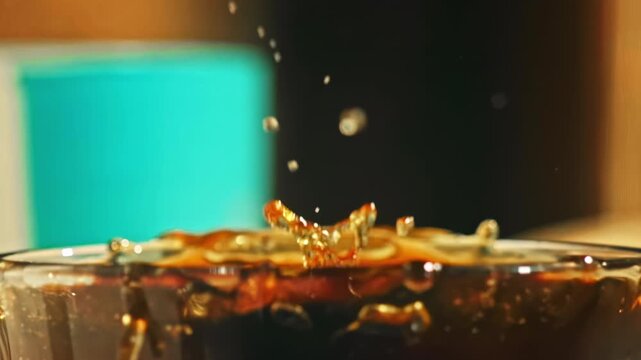 Biscuit falling into hot coffee with a dramatic splash, captured in extreme macro close-up and slow motion. Rich coffee crema, droplets and irresistible textures create a warm, indulgent food moment.