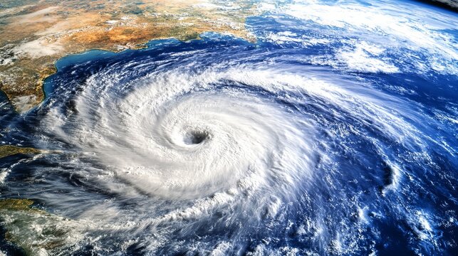 Dramatic hurricane swirls powerfully over Earth, showcasing deep shadows, bright highlights, and intense contrast, visually arresting