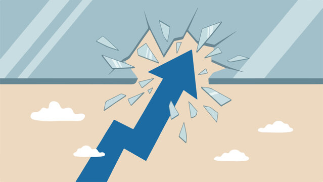 Breaking the ceiling, surpassing limits, explosive growth concept, flat upward arrow breaking through a solid glass roof, clean minimal flat vector illustration