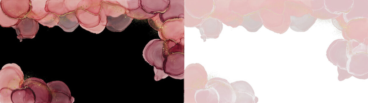 Abstract alcohol ink background with pink and burgundy fluid art, gold glitter accents, and elegant liquid marble texture for luxury design projects isolated on transparent background