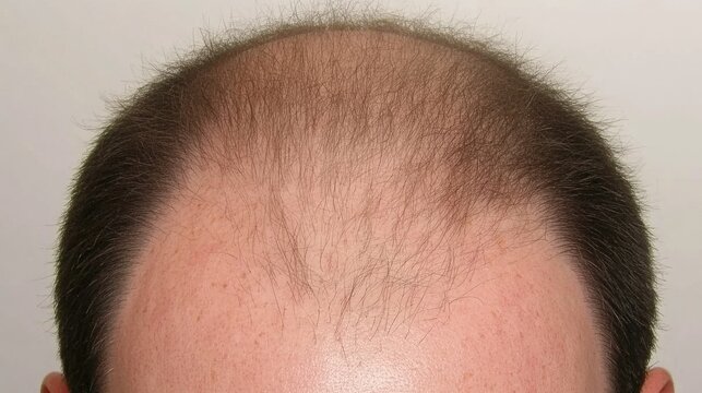 A close-up view of a man's thinning hair and receding hairline from behind, revealing early signs of baldness against a neutral background