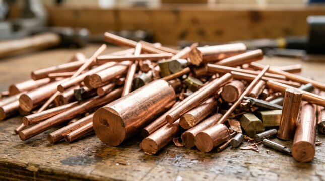 A pile of various metallic pieces including copper wire scrap rests on a worn wooden workbench inside a workshop, showcasing different lengths of shiny metal rods and small metallic nuts