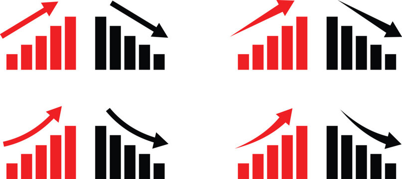 Set of business bar charts with rising and falling arrows representing financial growth and economic decline trends isolated on white