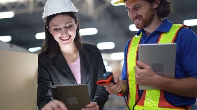 Close-up of a smiling female manager and a bearded warehouse worker holding tablets and a barcode scanner, sharing a laugh at work