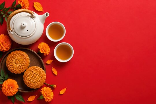 Mooncakes and tea set with chrysanthemums on red background during autumn celebration