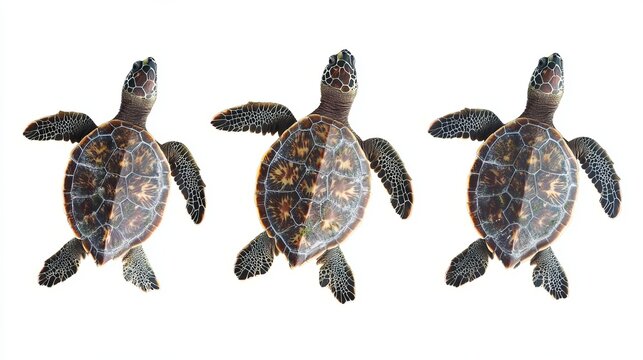 Three sea turtles swim gracefully against a stark white background, representing ocean life and conservation themes