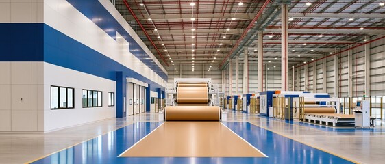 Obraz premium Corrugated board production line in modern factory with blue and white interior