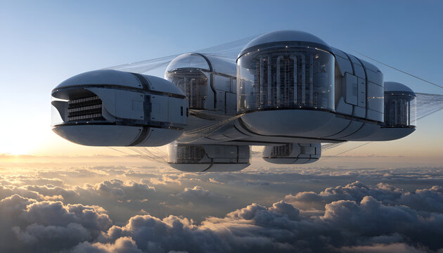 Futuristic flying city 3D illustration hovering above clouds in the sky, science fiction floating architecture