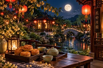 Fototapeta premium Moonlit traditional Chinese garden with lanterns and mooncakes during a harvest festival celebration
