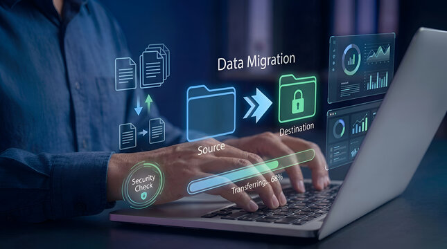 Professional working on a laptop with digital data migration and cybersecurity interface overlays